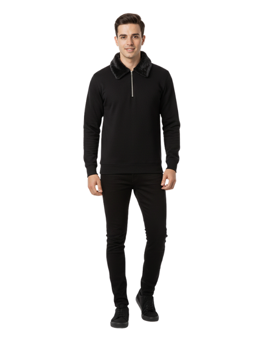 Premium Black Zipper Sweatshirt with Faux Fur Collar Winter Edition | by Teen Core in Pakistan