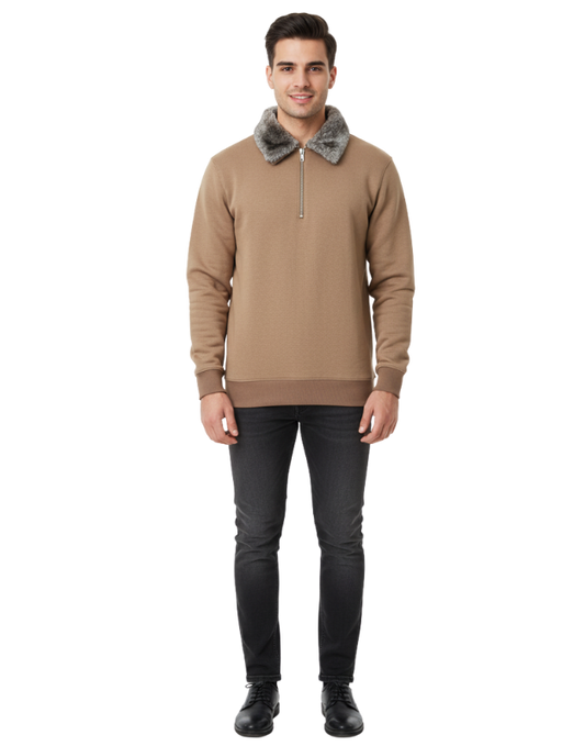 Premium Camel Brown Zipper Sweatshirt with Faux Fur Collar Winter Edition | by Teen Core in Pakistan