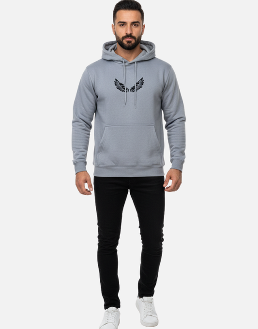 Premium Light Grey Pullover Hoodie with Black Wing Logo – 300 GSM | by Teen Core in Pakistan