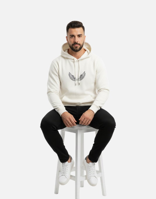 Premium White Pullover Hoodie with Black Wing Logo| by Teen Core in Pakistan