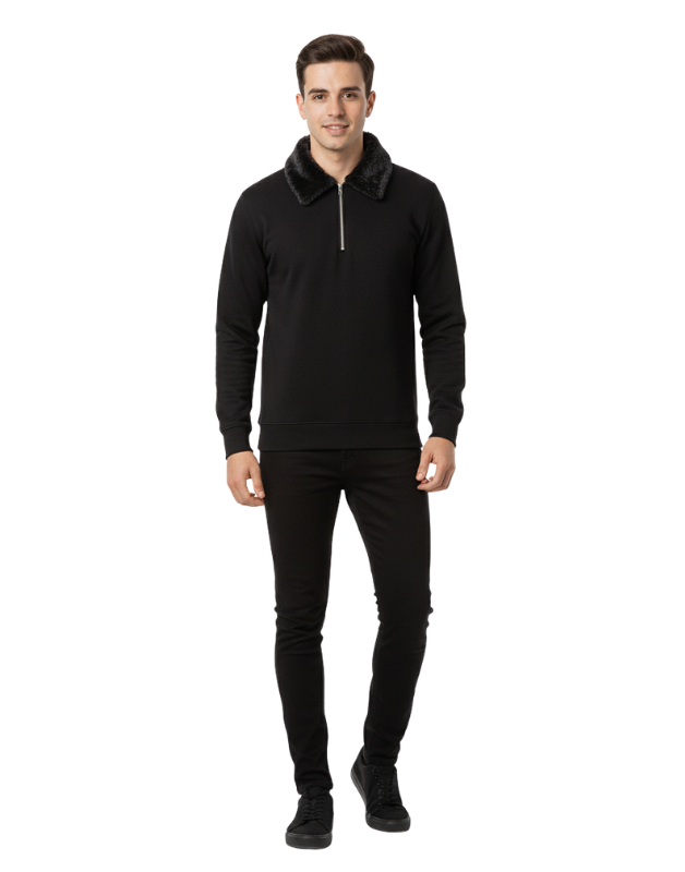 Premium Black Zipper Sweatshirt with Faux Fur Collar Winter Edition | by Teen Core in Pakistan