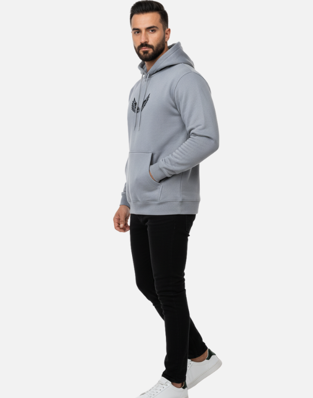 Premium Light Grey Pullover Hoodie with Black Wing Logo – 300 GSM | by Teen Core in Pakistan