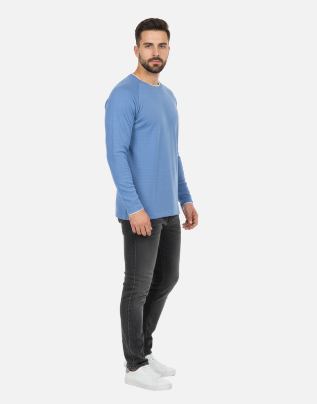 Premium Blue Long-Sleeve Waffle-Knit Crew-Neck Shirt | by Teen Core in Pakistan