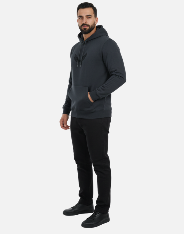 Premium Black Pullover Hoodie with Black Wing Logo | by Teen Core in Pakistan