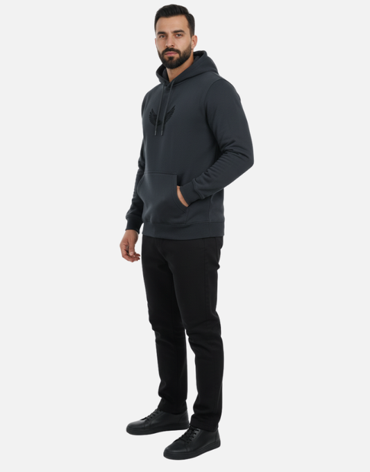 Premium Black Pullover Hoodie with Black Wing Logo | by Teen Core in Pakistan