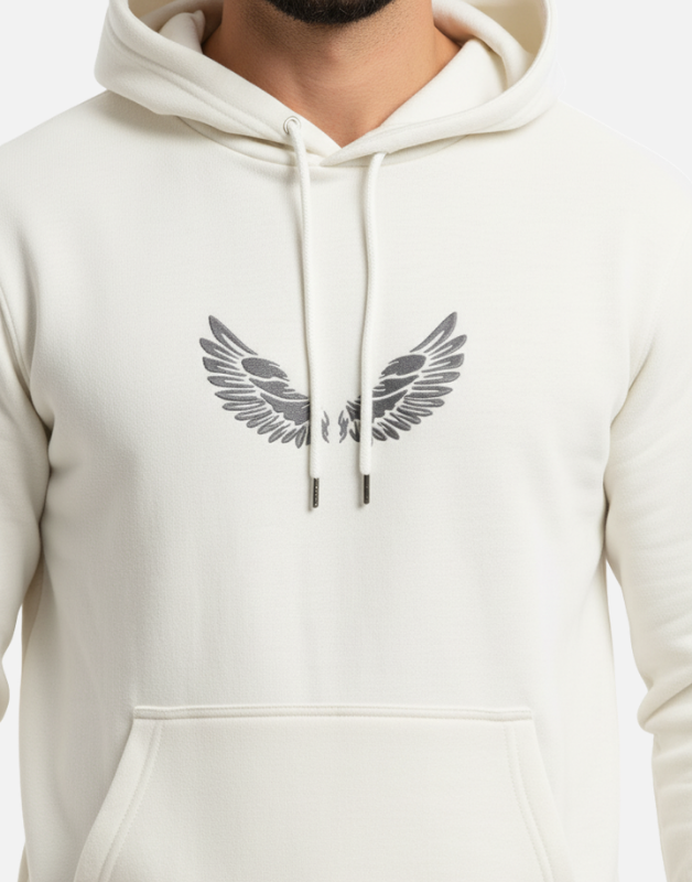 Premium White Pullover Hoodie with Black Wing Logo| by Teen Core in Pakistan