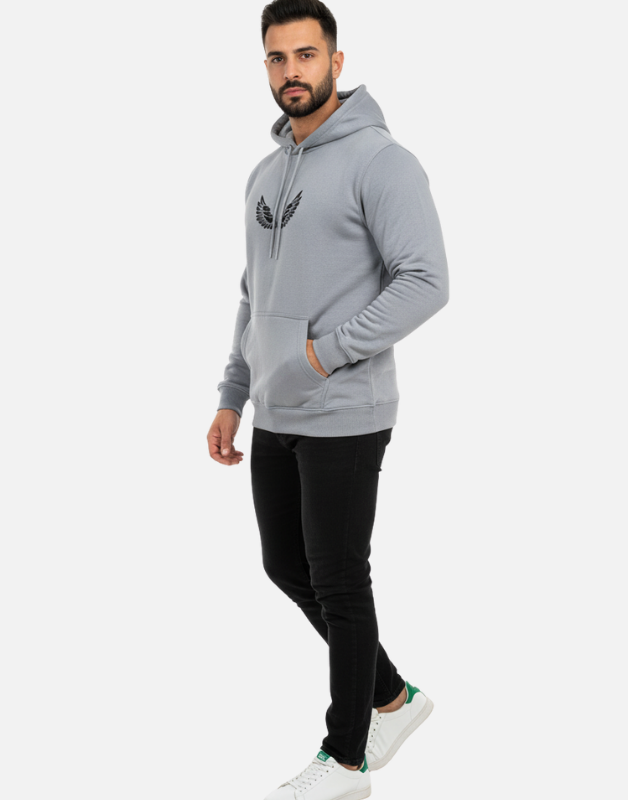 Premium Light Grey Pullover Hoodie with Black Wing Logo – 300 GSM | by Teen Core in Pakistan