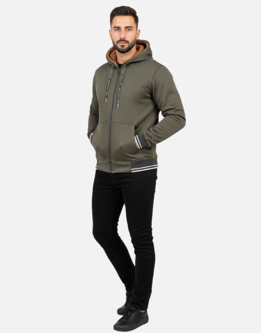 Premium Olive Green Blend Fleece Zipper Hoodie Winter Collection | by Teen Core in Pakistan