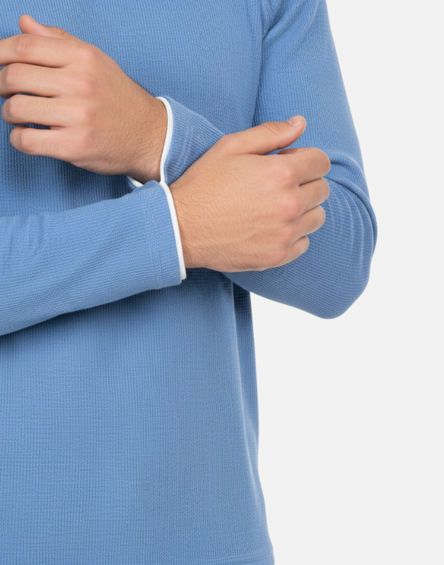 Premium Blue Long-Sleeve Waffle-Knit Crew-Neck Shirt | by Teen Core in Pakistan