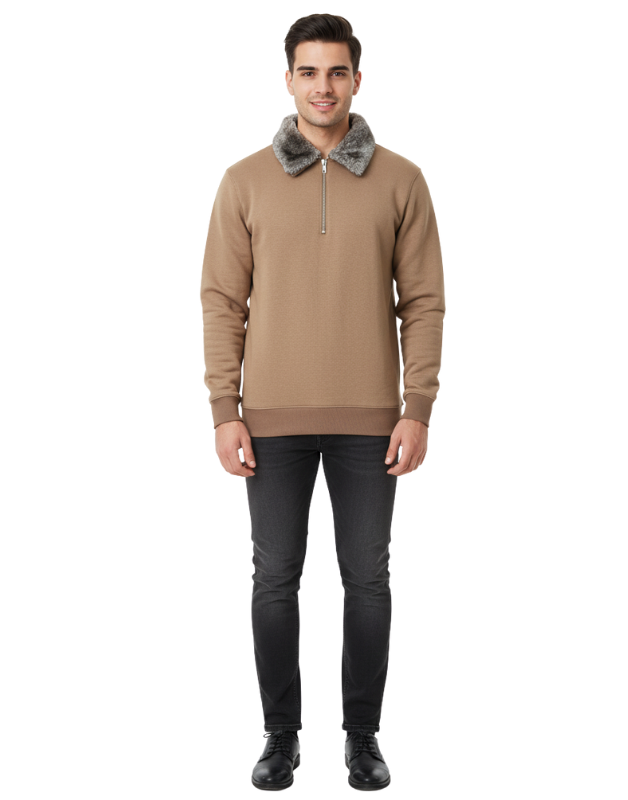Premium Camel Brown Zipper Sweatshirt with Faux Fur Collar  Winter Edition | by Teen Core in Pakistan