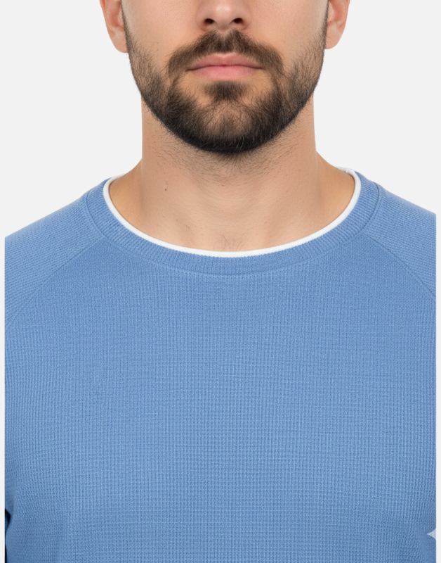 Premium Blue Long-Sleeve Waffle-Knit Crew-Neck Shirt | by Teen Core in Pakistan