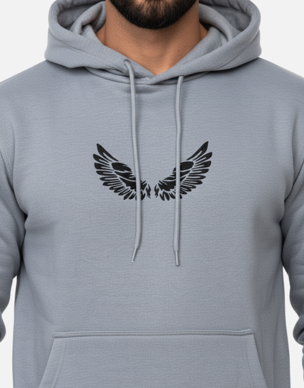 Premium Light Grey Pullover Hoodie with Black Wing Logo – 300 GSM | by Teen Core in Pakistan
