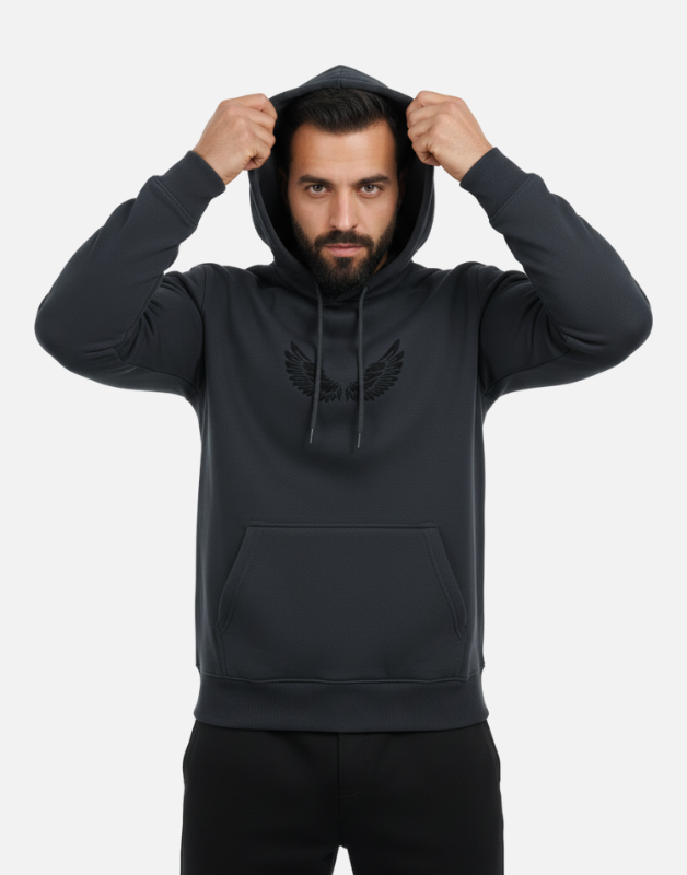 Premium Black Pullover Hoodie with Black Wing Logo | by Teen Core in Pakistan