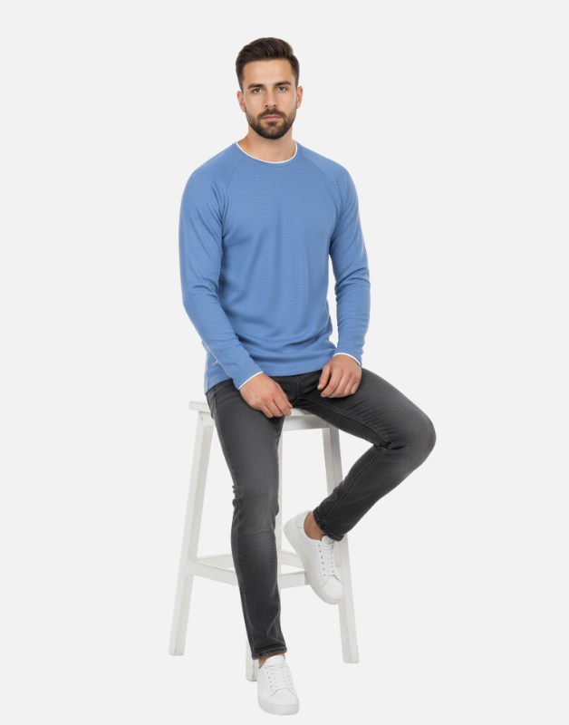Premium Blue Long-Sleeve Waffle-Knit Crew-Neck Shirt | by Teen Core in Pakistan