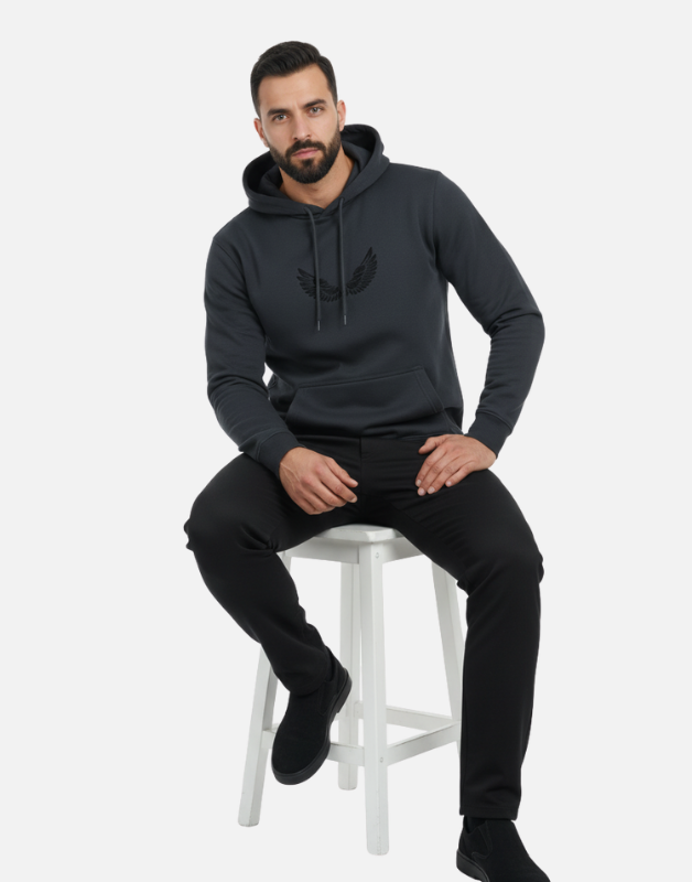 Premium Black Pullover Hoodie with Black Wing Logo | by Teen Core in Pakistan