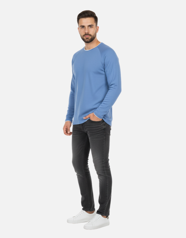 Premium Blue Long-Sleeve Waffle-Knit Crew-Neck Shirt | by Teen Core in Pakistan