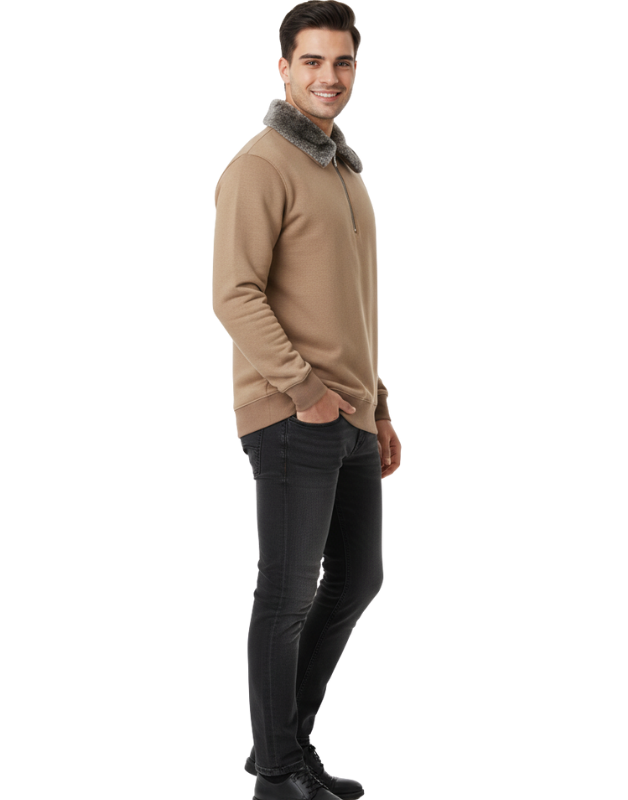 Premium Camel Brown Zipper Sweatshirt with Faux Fur Collar  Winter Edition | by Teen Core in Pakistan