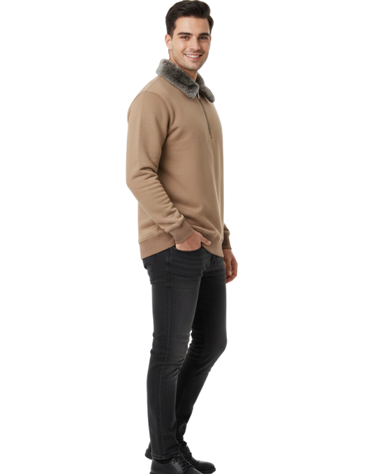 Premium Camel Brown Zipper Sweatshirt with Faux Fur Collar  Winter Edition | by Teen Core in Pakistan