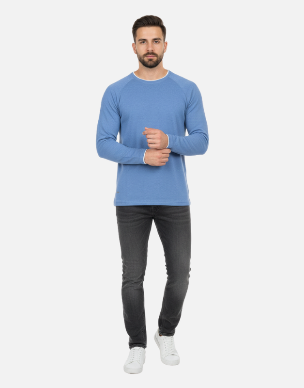 Premium Blue Long-Sleeve Waffle-Knit Crew-Neck Shirt | by Teen Core in Pakistan